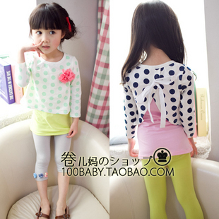Free shipping 2013 new girls autumn  clothing dot long-sleeve T-shirt vest spaghetti strap twinset basic shirt top