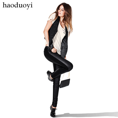 Free shipping 2013 new Haoduoyi leather pants leather pants Women PU pants boot cut jeans patchwork leather pants 3