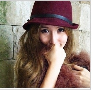 Free shipping 2013 new Hat red leather buckle on Wine women's small fedoras pure woolen autumn and winter