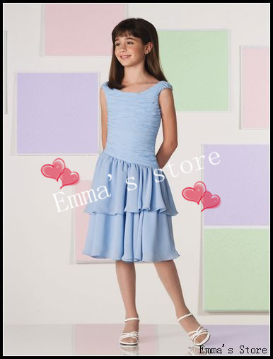 Free Shipping 2013 New High Quality Low Price A-Line Bateall Mini Ankle-Length Pleat Tiered Chiffon Blue Flower Girl's Dresses