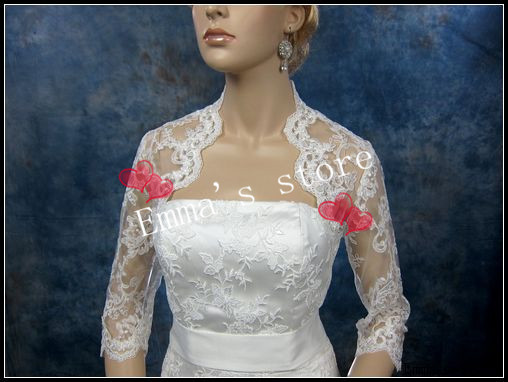 Free Shipping 2013 New Hot 3/4 sleeve shrug alencon lace bolero wedding jacket keyhole back white and ivory Wedding Bridal Wraps