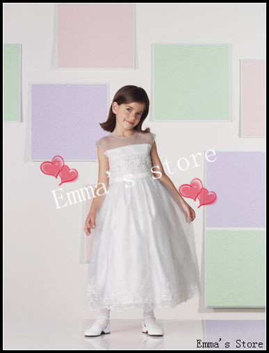 Free Shipping 2013 New Hot Custom Made Cute Emma Elegant Cheap A-Line Sheer Collar Appliques White Organza Flower Girl's Dresses