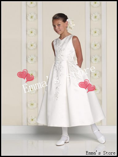 Free Shipping 2013 New Hot Cute Custom Made Low Price A-Line V-Neck Mini Ankle-Length Satin Appliques Bow Flower Girl's Dresses