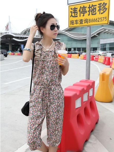 Free Shipping 2013 New Hot Sale Ruffles Collar Floral Printing Sleeveless Chffion Jumpsuit YL052808GE