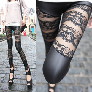 FREE SHIPPING 2013 new hot WOMAN  sensitive Rose Lace Leather stitching pants