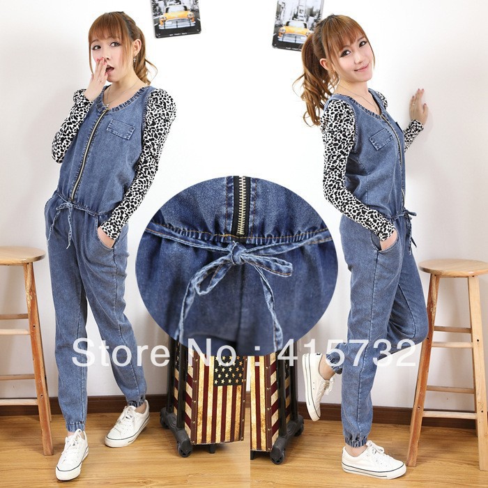 Free Shipping 2013 New Jumpsuit Women Jeans Pants Winter Denim Overalls With Zipper Loose Plus Size Elastic Waist Ladies' Romper