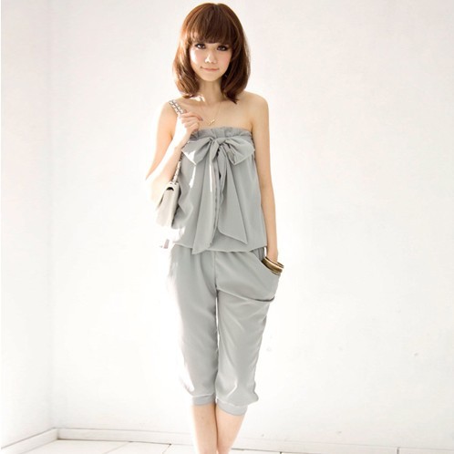 Free shipping!2013 new Korean fashion style chiffon bow straps double flat piece pants pocket jumpsuits plus size women