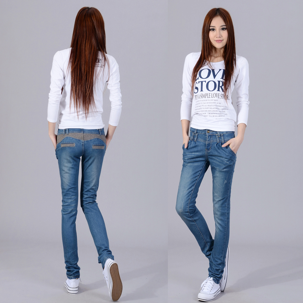 Free shipping 2013 new korean style fashion denim jeans pants women skinny with patchwork, light blue, size 26 to 32