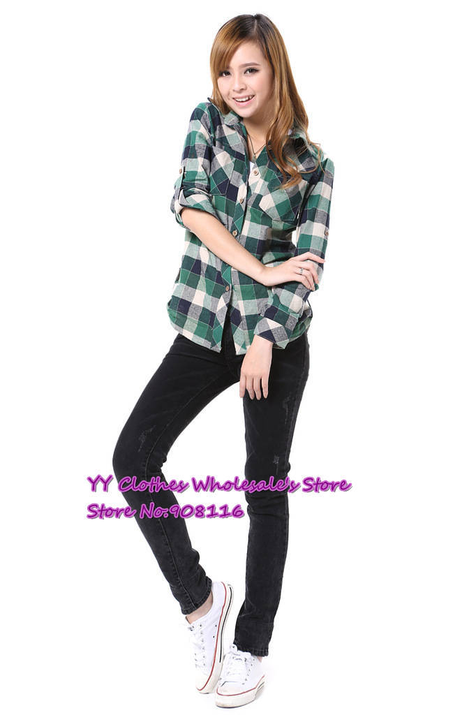 Free shipping,2013 New Korean Women Hot long sleeve turn-down collar plaid cotton shirts,top blouse,3colors,X2826