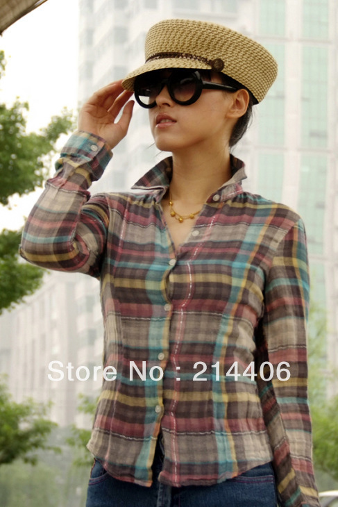 free shipping 2013 new long sleeve plaid casual blouses for lady and women tops 100% cotton korea