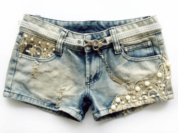 Free shipping 2013 New Low Waist Lace Beading Hole Denim Shorts/Short pants Wholesale