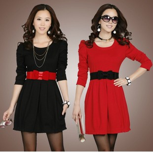 Free shipping 2013 New New Korea Women's round collar Puff sleeve Plus size Dress long sleeve With Belt Dress F2083