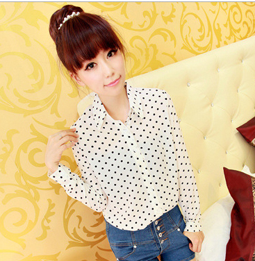 Free shipping 2013 new  Polka Dot Turn-down Collar full with Lace shirt  free size drop shipping C05