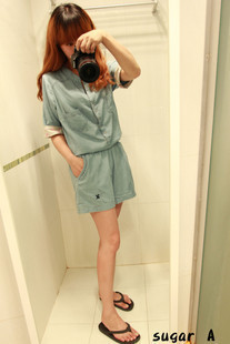 Free shipping 2013 new runway spring and summer women's V-neck roll up hem thin jumpsuit