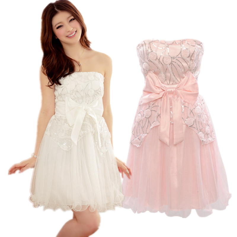 Free Shipping 2013 NEW Satin off-shouder short evening dress Pink / White / Champagne