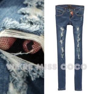 Free shipping 2013 new sexy Slim hole in the lining the bud wire mesh yarn bound feet pencil jeans women denim brand