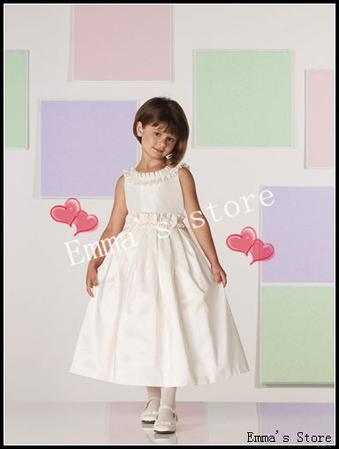 Free Shipping 2013 New Simple Designer Popular Cute High Quality Low Price A-Line Jewel Appliques Satin Flower Girl's Dresses