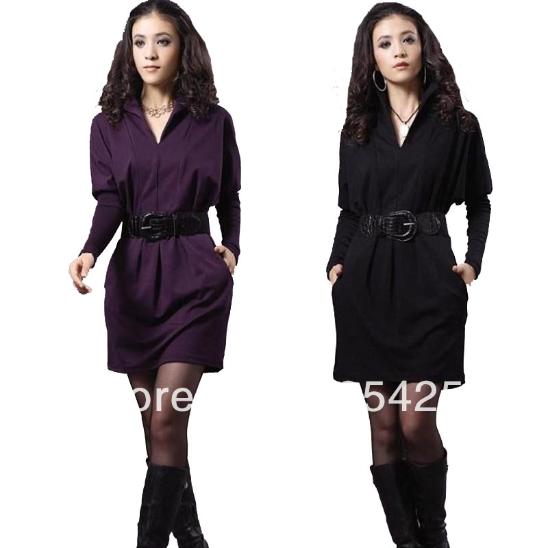 Free shipping 2013 new spring and autumn one-piece dress elegant knit dress V-neck plus size loose long sleeve cotton skirts