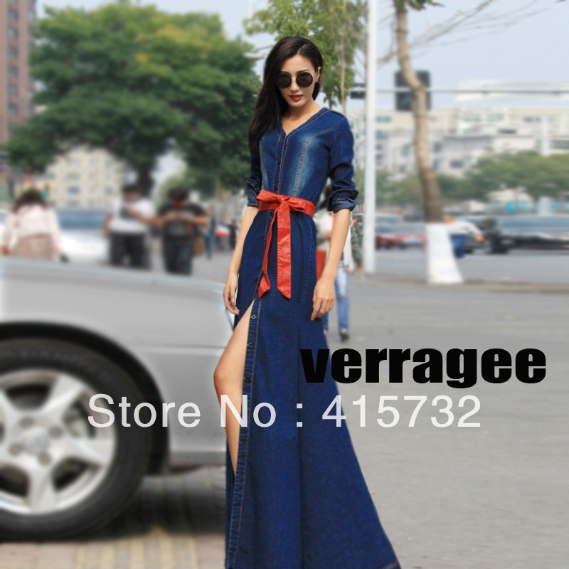 Free Shipping 2013 New Spring Autumn Fashion Denim Dress For Women Jeans Long One-piece Plus Size High Street novelty Full Dress