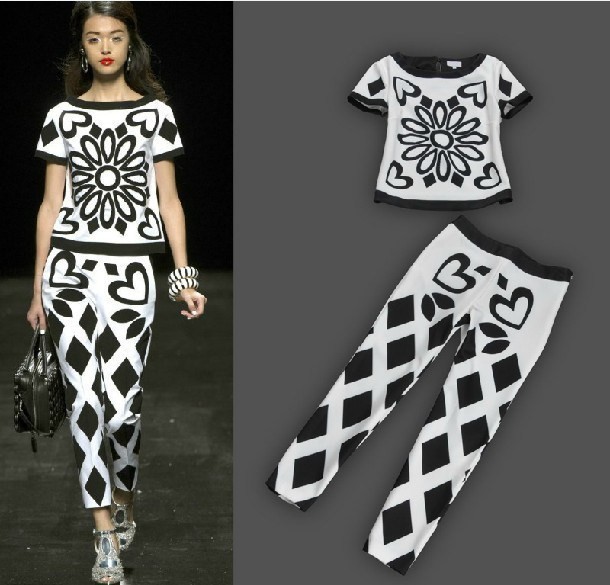Free shipping/2013 new spring T stage show black and white printing trousers pants suit