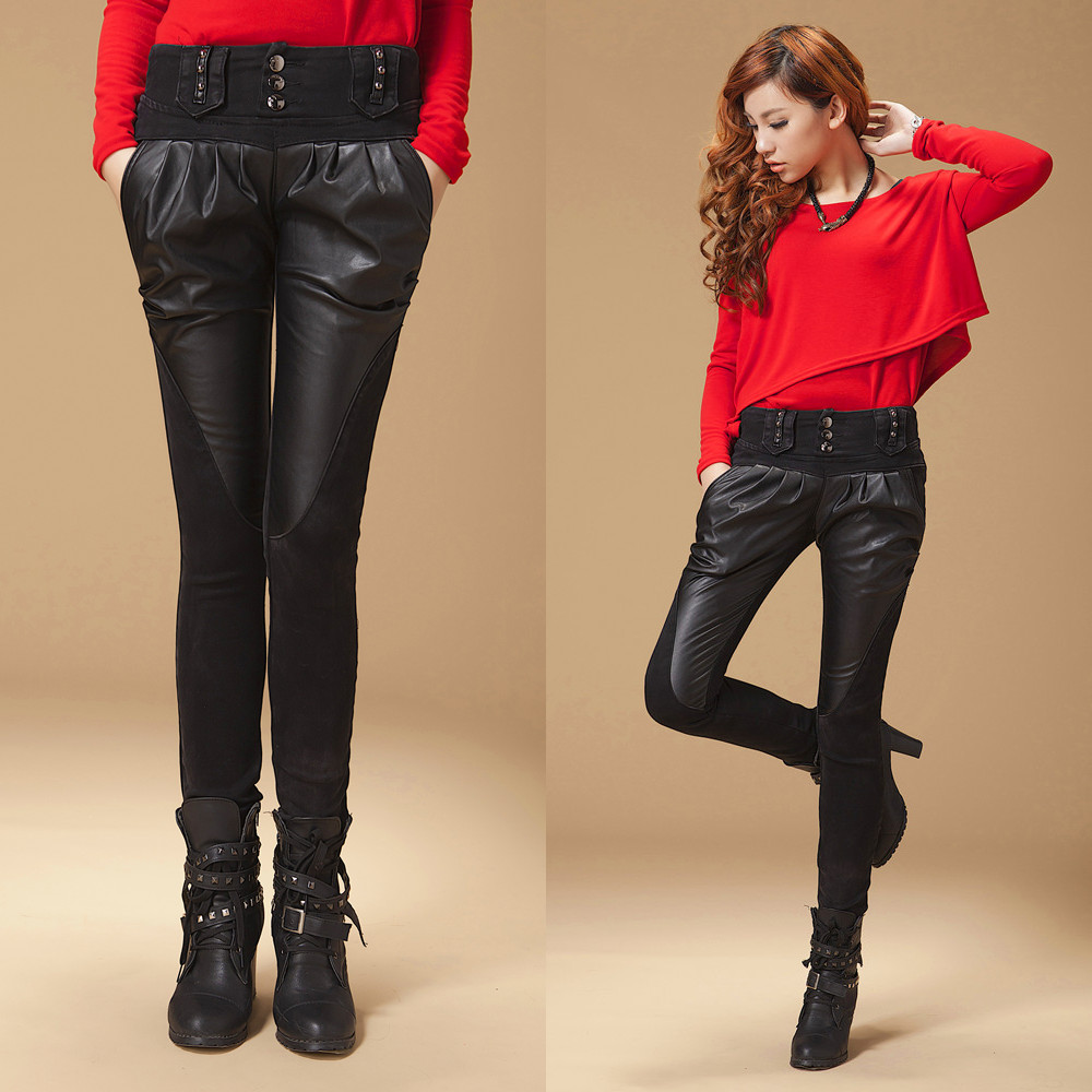 Free shipping 2013 new States leather pants spell skin loose black jeans feet pants tide female trousers harlan pants 355
