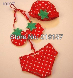 Free Shipping 2013 New Strawberry design Girl red Bikini Swimsuit  3pcs/set kids  swimwear 5 size 2,3,4,5,6 girls gift
