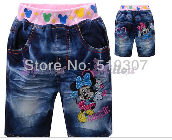 Free Shipping 2013 New Style Cute Cartoon Mickey Minnie Mouse Head Mid/Short  Kids Denim(5PCS/LOT) Cotton Jeans Wholesale