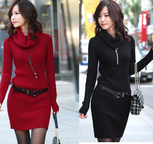 Free Shipping 2013 New Style Fashion Women's Sweater higher Collar knitwear Long  Sweater Dress 3129