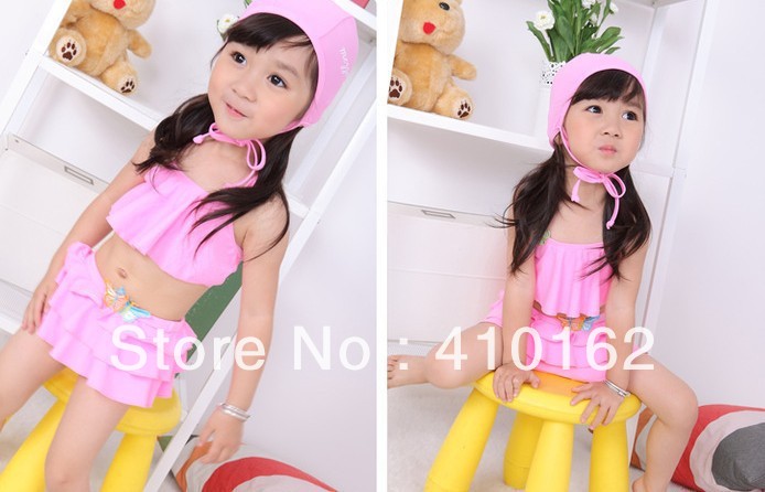 Free shipping 2013 new Summer Children's swim wear Two pieces+caps Girls sets Embroidered butterfly three piece swimsuit split