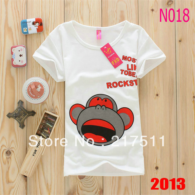 Free Shipping 2013 New Summer Short Sleeve T-shirts Korean Style Cartoon Monkey Print High Quality Cotton Shirt O-Neck 5Colors
