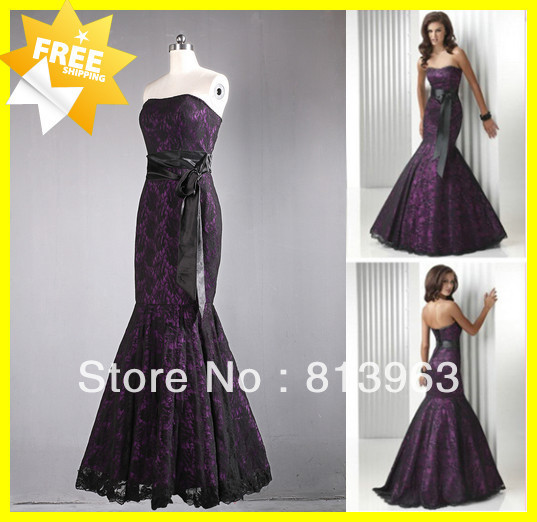 Free shipping 2013 New Top Quality Off 50% Sheath Strapless Beading Lace Bow Waist Purple Long Formal Evening Gowns Prom Dresses