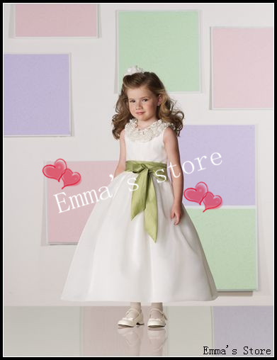 Free Shipping 2013 New Top Quality Simple Fashion Elegant Cheap A-Line High Collar Appliques Bow Organza Flower Girl's Dresses