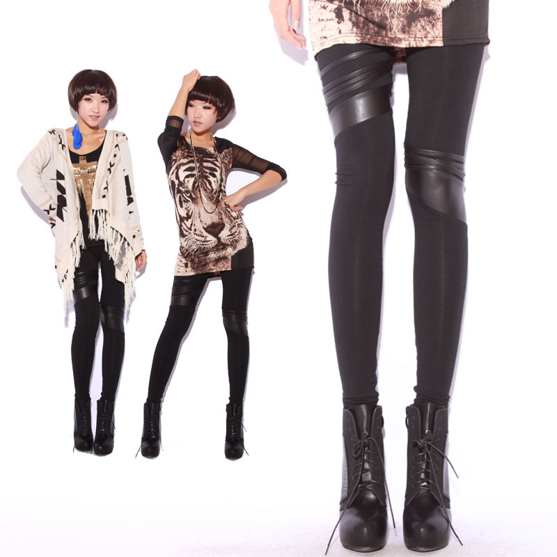 Free Shipping 2013 New Winter new arrival black slim faux leather patchwork legging pants autumn and winter