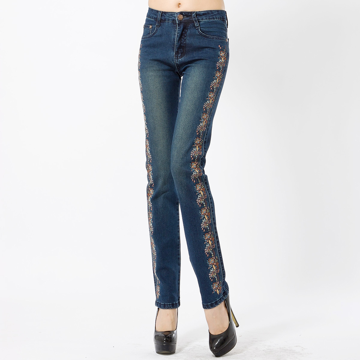 Free shipping 2013 new women clothing straight jeans for women slim elastic embroidered jeans female plus size denim pants