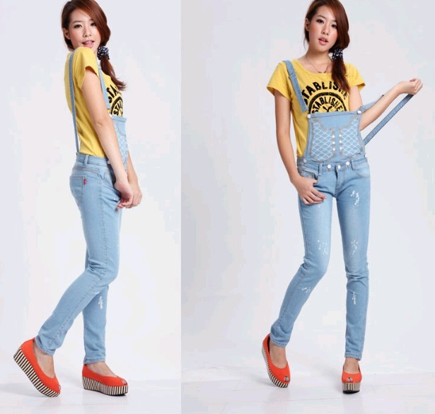Free Shipping 2013 New Women Conjoined Pants Overalls Female Models Hot Pants Denim Strap Trousers (ID: SLA091)