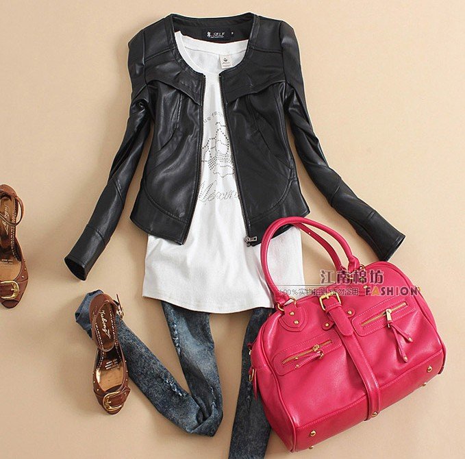 Free shipping 2013 new women fashion sexy high quality rinsing leather black Locomotive short leather jacket