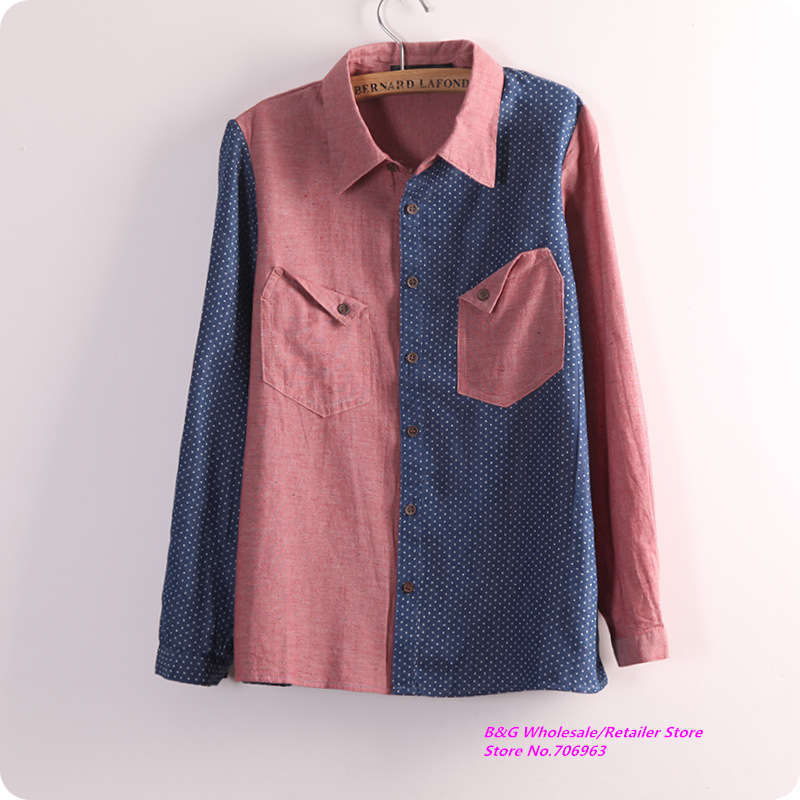 Free shipping,2013 New,women's clamshell patch pocket hit stitching shirts ladies sweet cowboy Polka Dot cute blouses,top,G6096