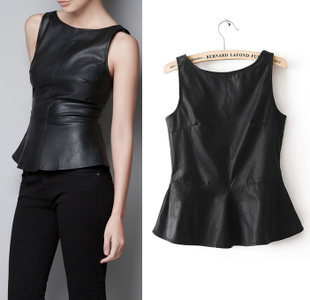 Free Shipping 2013 New Women's Europe Slim PU Leather Backless Sleeveness flouncing decorative pleated folds Tops Vests Black