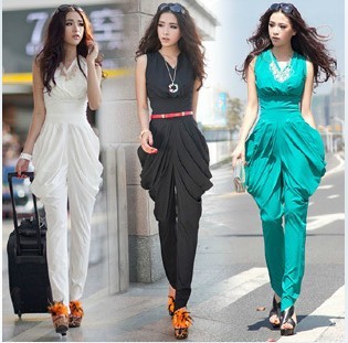 free shipping 2013 new women's fashion sexy elegant Slim Harlan V-neck sleeveless high waist Jumpsuit ladies black white pants