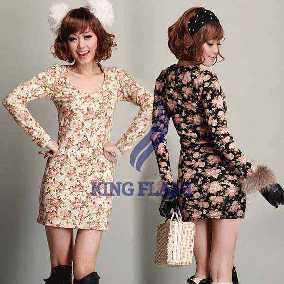Free shipping 2013 New Women's Ladies Elegant  Sweet Flower Slim Stretch long sleeve Minifashion Dress Black /Apricot 9408