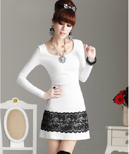 Free shipping  2013 New Women's Lady fashion Elegant Black Lace Crew Neck Long Sleeve Princess White Dress