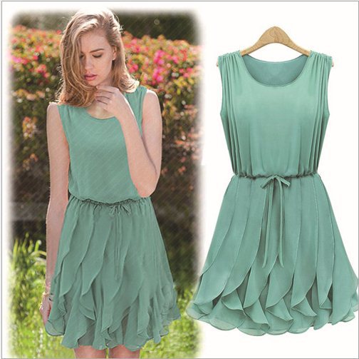 Free Shipping 2013 new Women Slim fashion Sexy Flouncing vest chiffon dress Color : green , sapphire blue Sizes: S , M , L