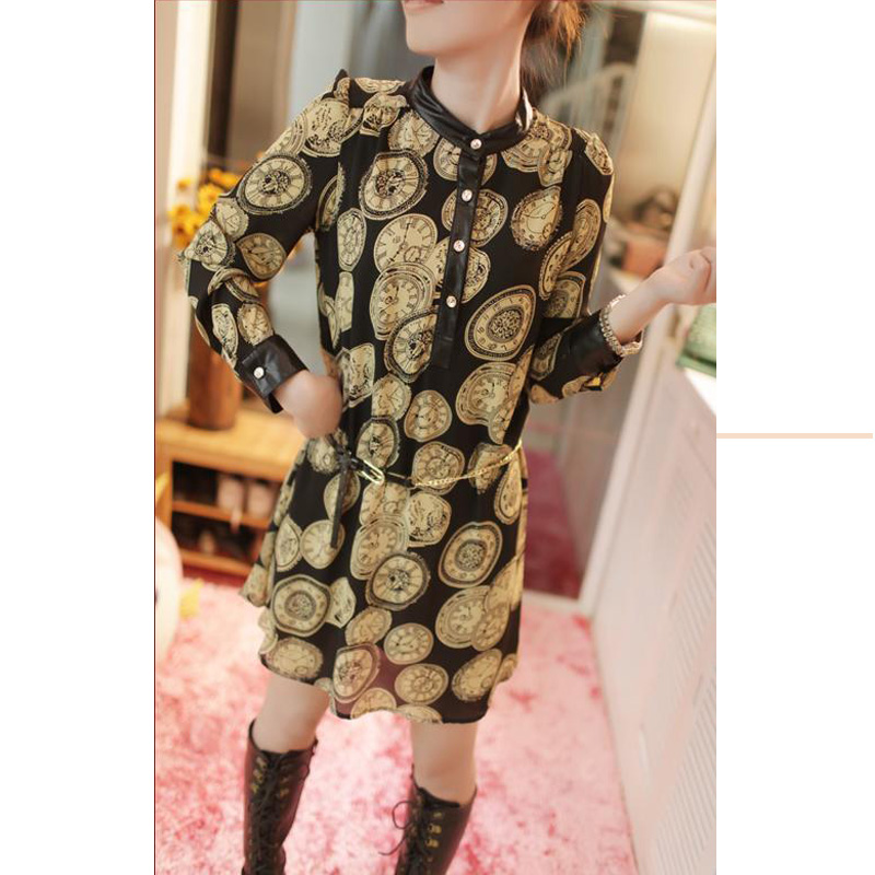Free Shipping 2013 new women T leather multicolour long-sleeve chiffon spring one-piece floor-length  dress D281