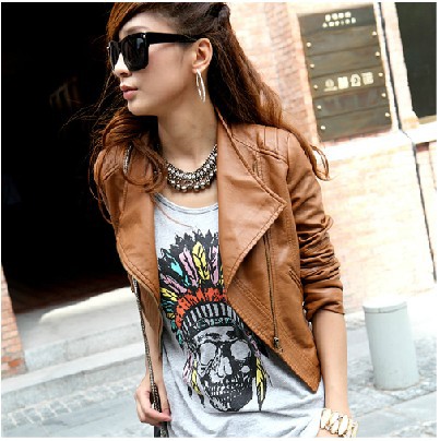 Free shipping 2013 New Womens Leather jacket Stand Collar Zipper PU leather Coat Brown motorbike leather jacket