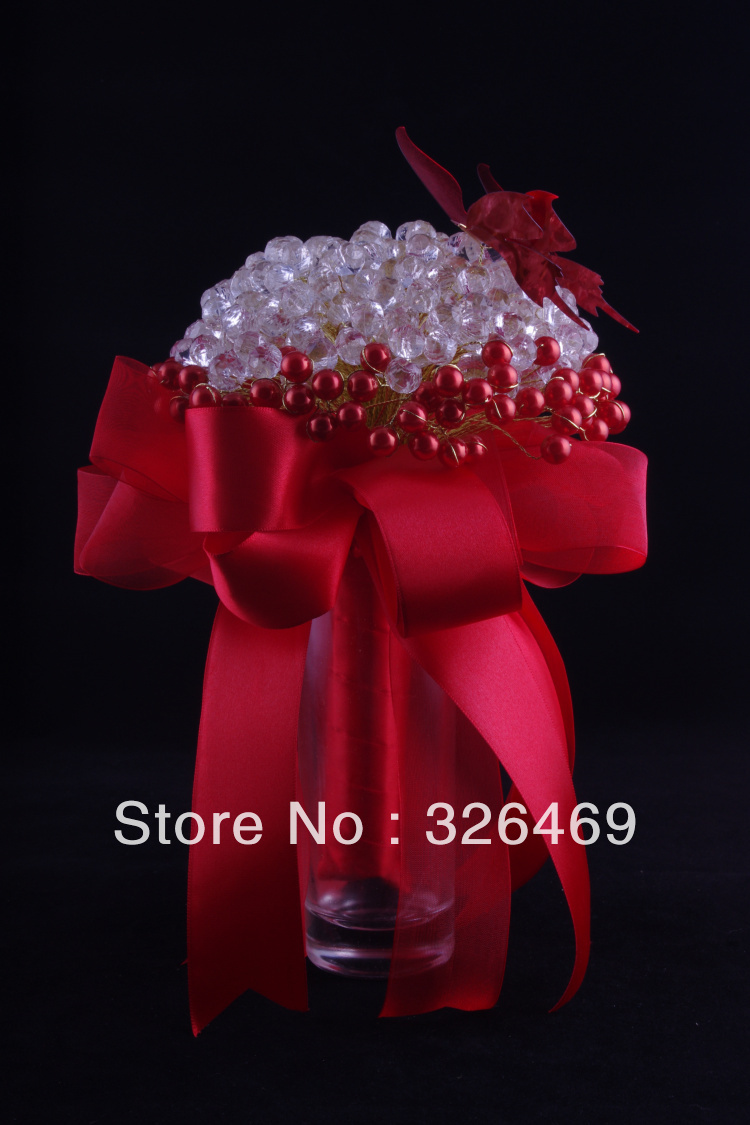 Free shipping 2013 newest acrylic crystal girl bouquets wedding bridal red butterfly pearl beads artificial flower bouquet