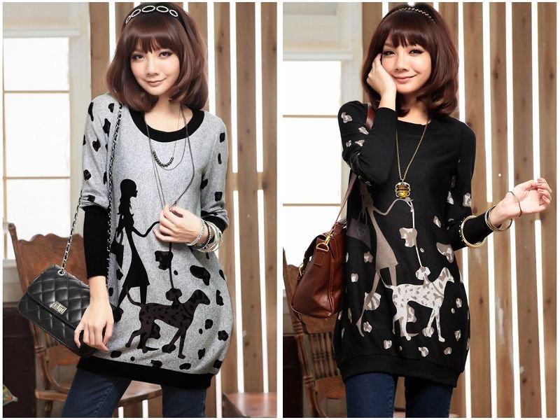 free shipping~2013 Newest Korean+printing  fashion long sleeve women Knitted sweater\ T-shirt  plus big size S--XXXL 12A1