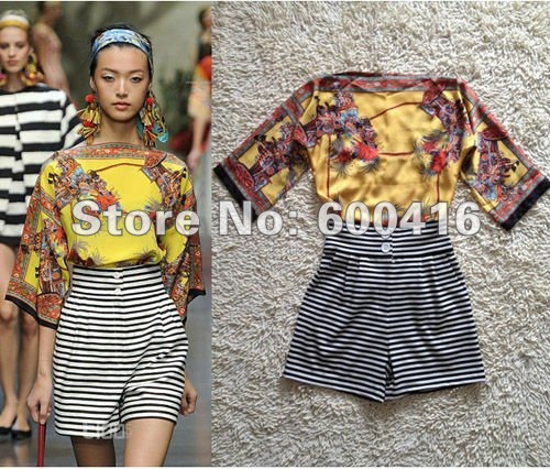 Free Shipping 2013 Newest Runway Vintage Digital Printing Slash Neck Half Sleeve Silk Blouse+Shorts(1 set)  for women  121023Z02