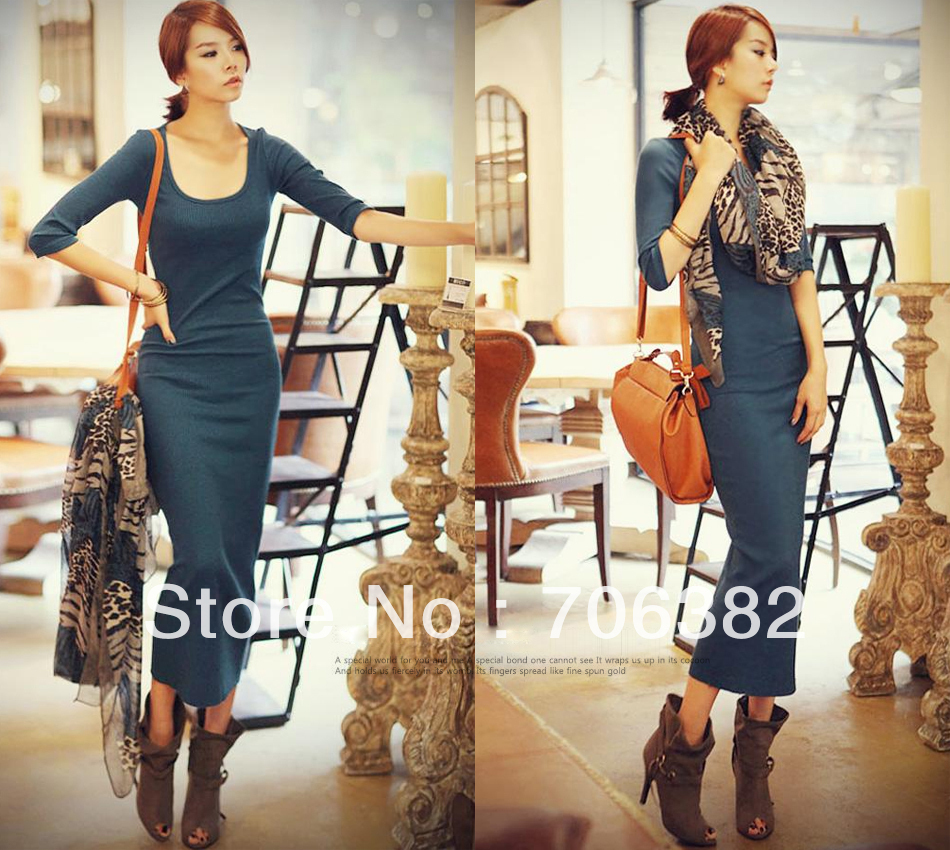 Free shipping 2013 newest womens dresses fashion O-Neck Three Quartr long dresses Blue,Suitable for spring, summer M/L/(L0048)