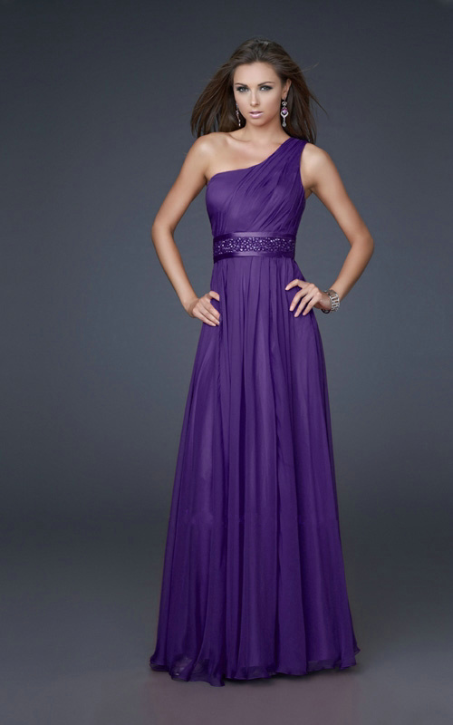 Free Shipping 2013 One Shoulder Floor Length Ruched Beaded Sleeveless Elegant Purple Evening Dress