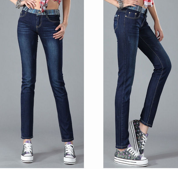 Free Shipping 2013 paragraph female jeans skinny pants laciness decoration stripe denim trousers female trousers pants